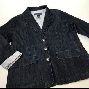 **SOLD**Baccini Womens L Denim 3 Button Blazer Cotton Jean Jacket Rolled Sleeve